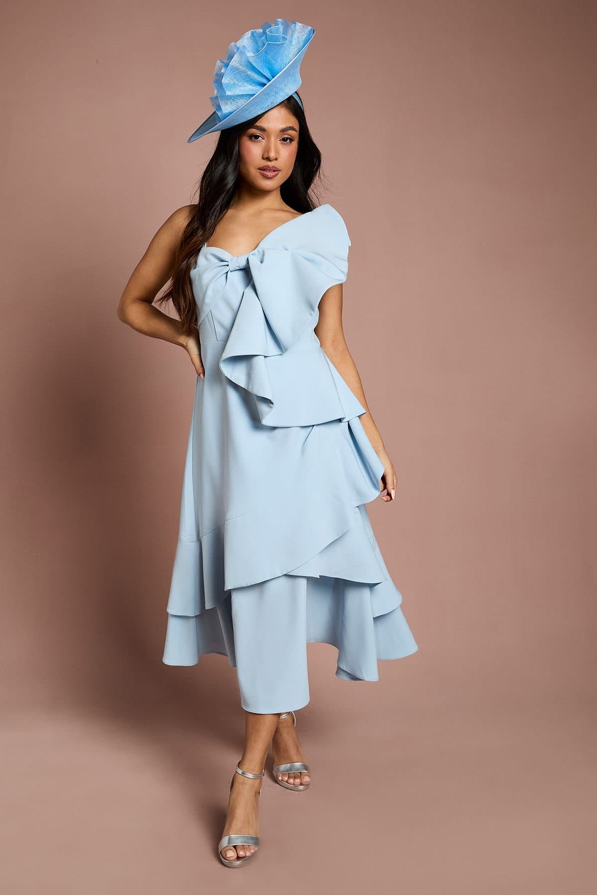 Coast Coast Women's Petite Lisa Tan Statement Bow Crepe Midi Dress in Pale Blue