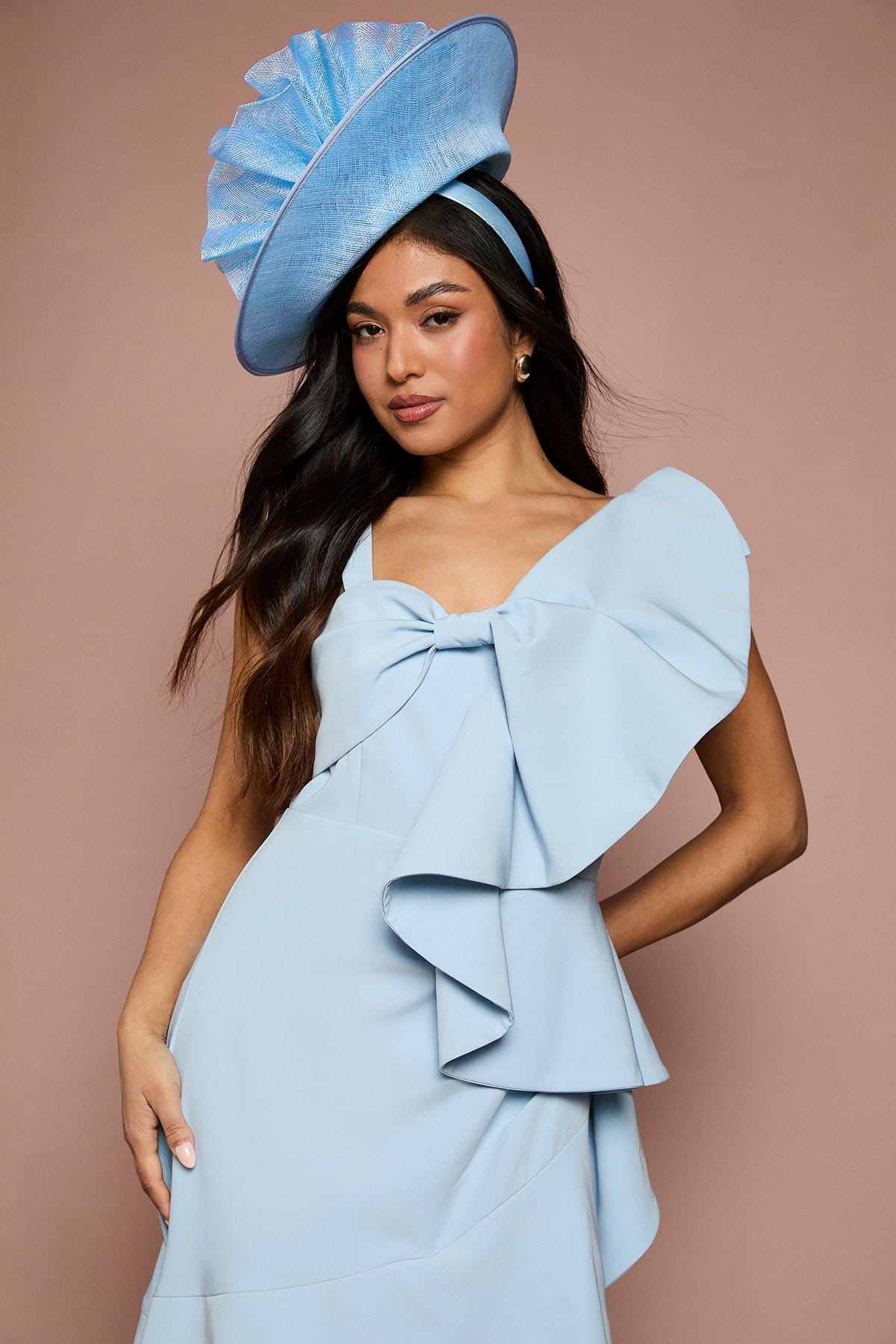 Coast Coast Women's Petite Lisa Tan Statement Bow Crepe Midi Dress in Pale Blue - 4