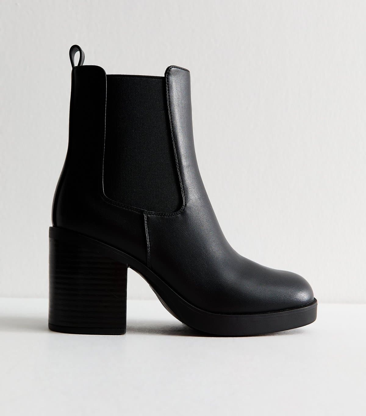 New Look Women's Black Faux Leather Chunky Heel Chelsea Boots Vegan New Look