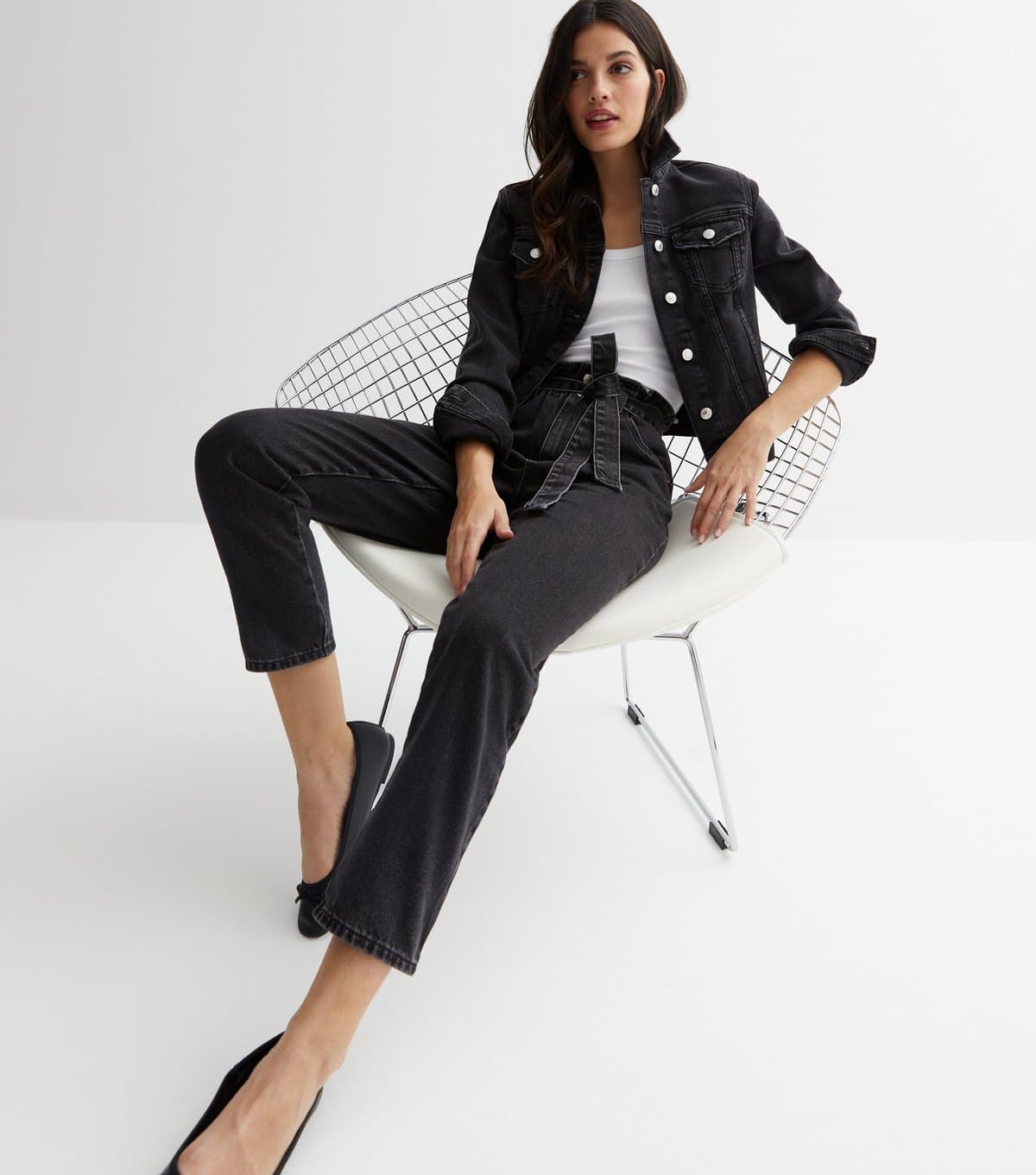 New Look Women's Washed Black Paperbag High Waist Belted Dayna Tapered Jeans New Look