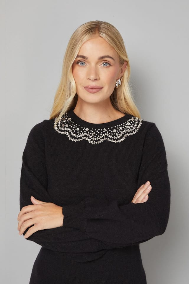 Wallis Wallis Women's Petite Black Embellished Knitted Shift Dress - 2