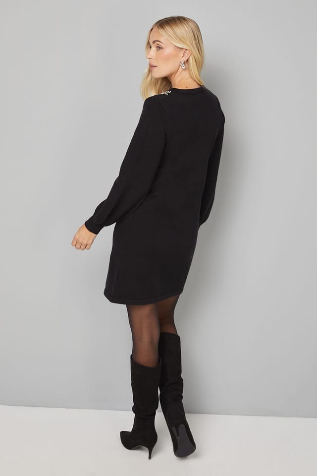 Wallis Wallis Women's Petite Black Embellished Knitted Shift Dress - 3
