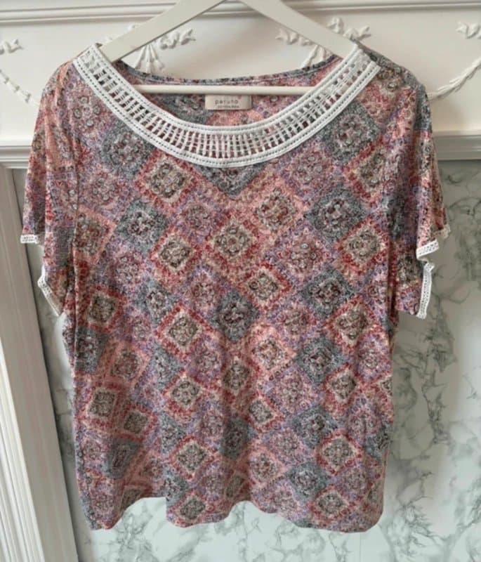 Per Una M&S Per Una Boho Floral Mosaic Print Top UK 22 Lace Trim Short Sleeve Pink Grey