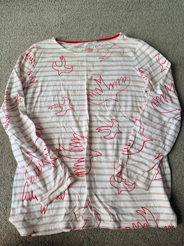 Boden Boden Bird Print Breton Top UK 16 Pink Stripe Long Sleeve Coastal Casual
