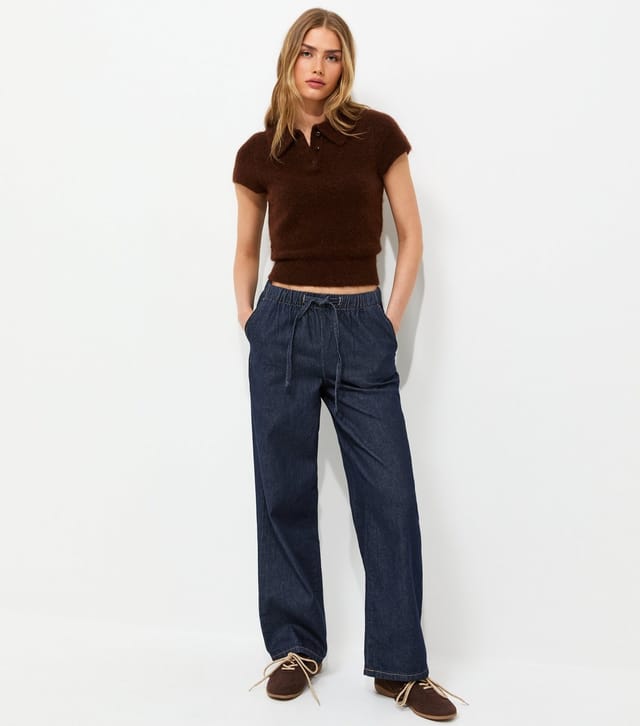 New Look Women's Navy Denim Wide Leg Drawstring Waist Jeans New Look - 2