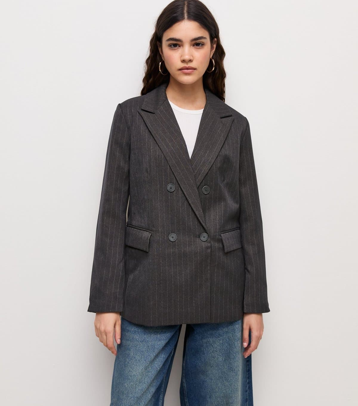 New Look Women's Grey Pinstripe Double Breasted Blazer New Look