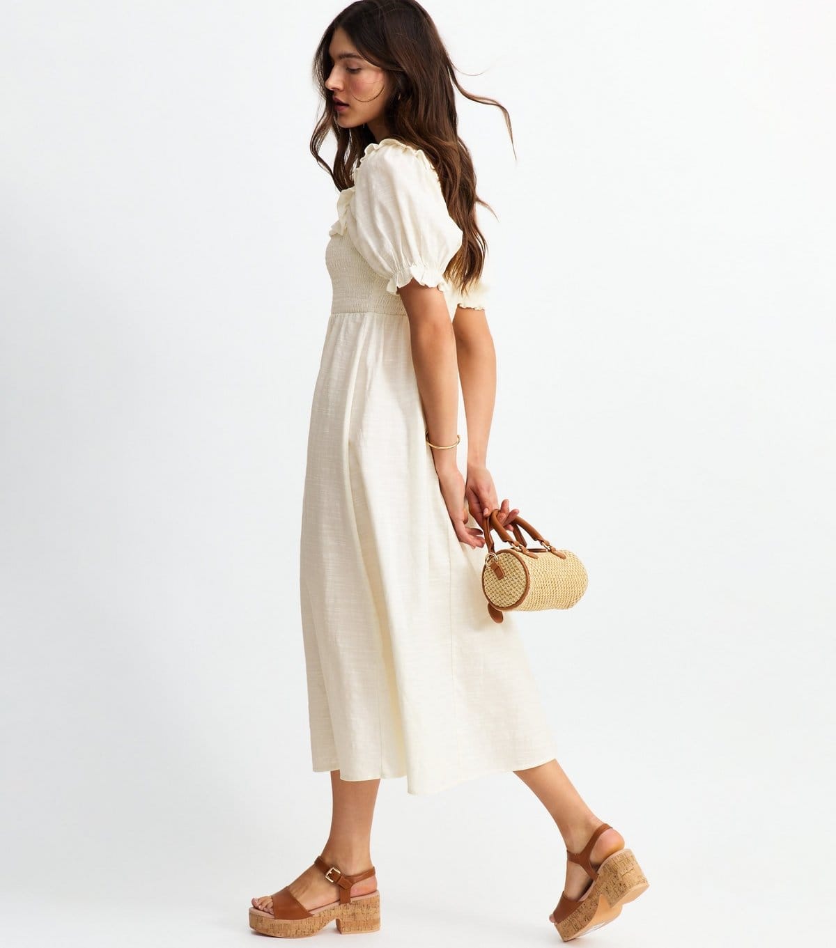 New Look Off White Shirred Frill Trim Midi Dress