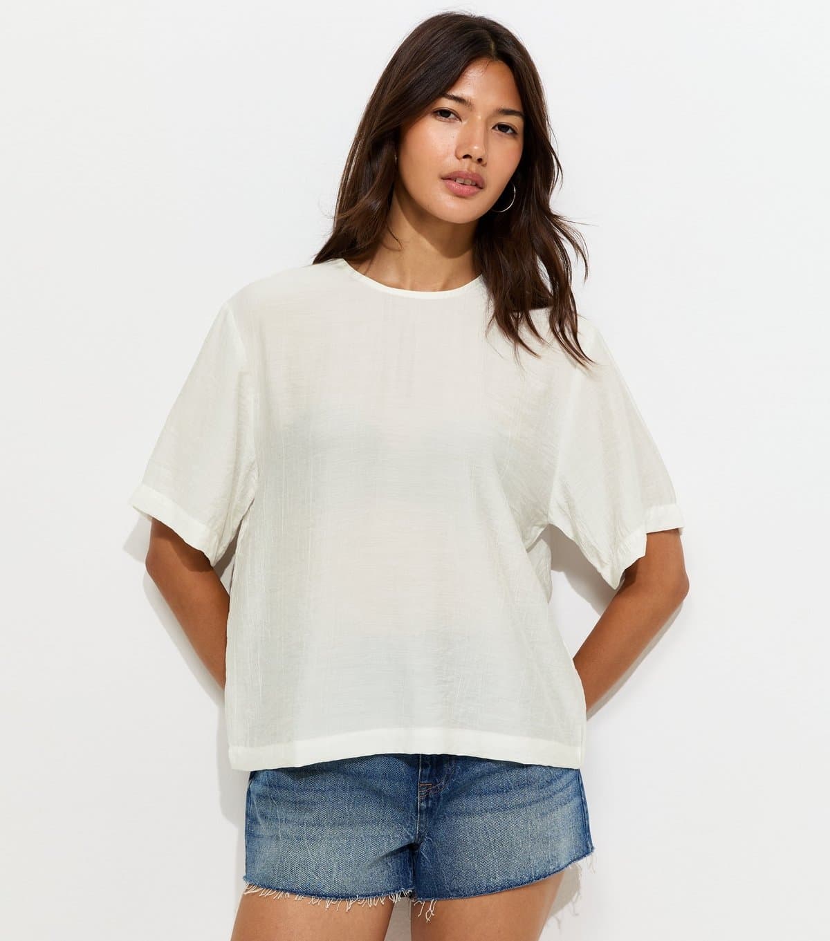 New Look Women's Off White Woven Short Sleeve T-Shirt New Look