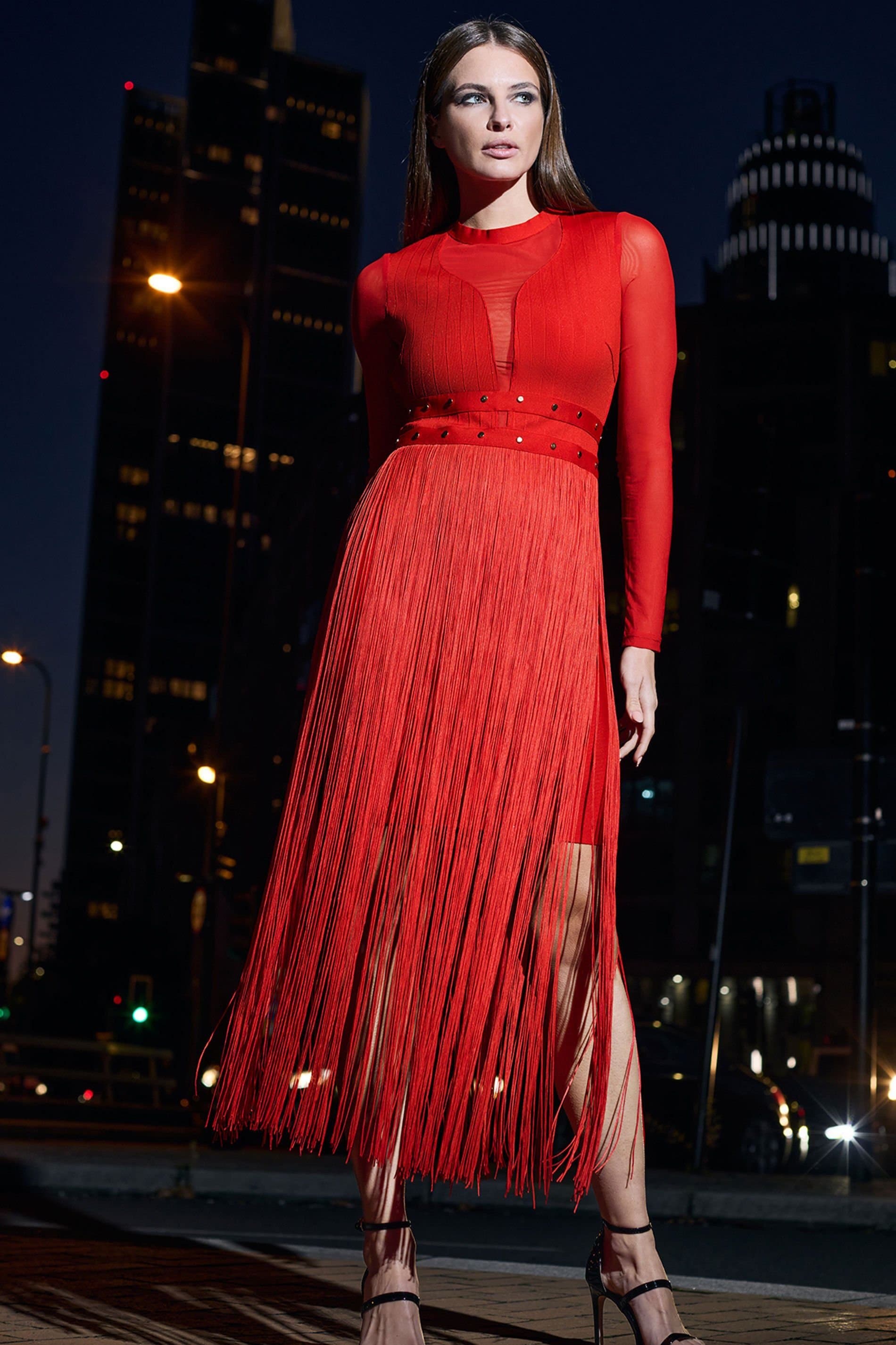 Star By Julien Macdonald Star by Julien Macdonald Women's Long Sleeve Tassel Midi Dress in Red