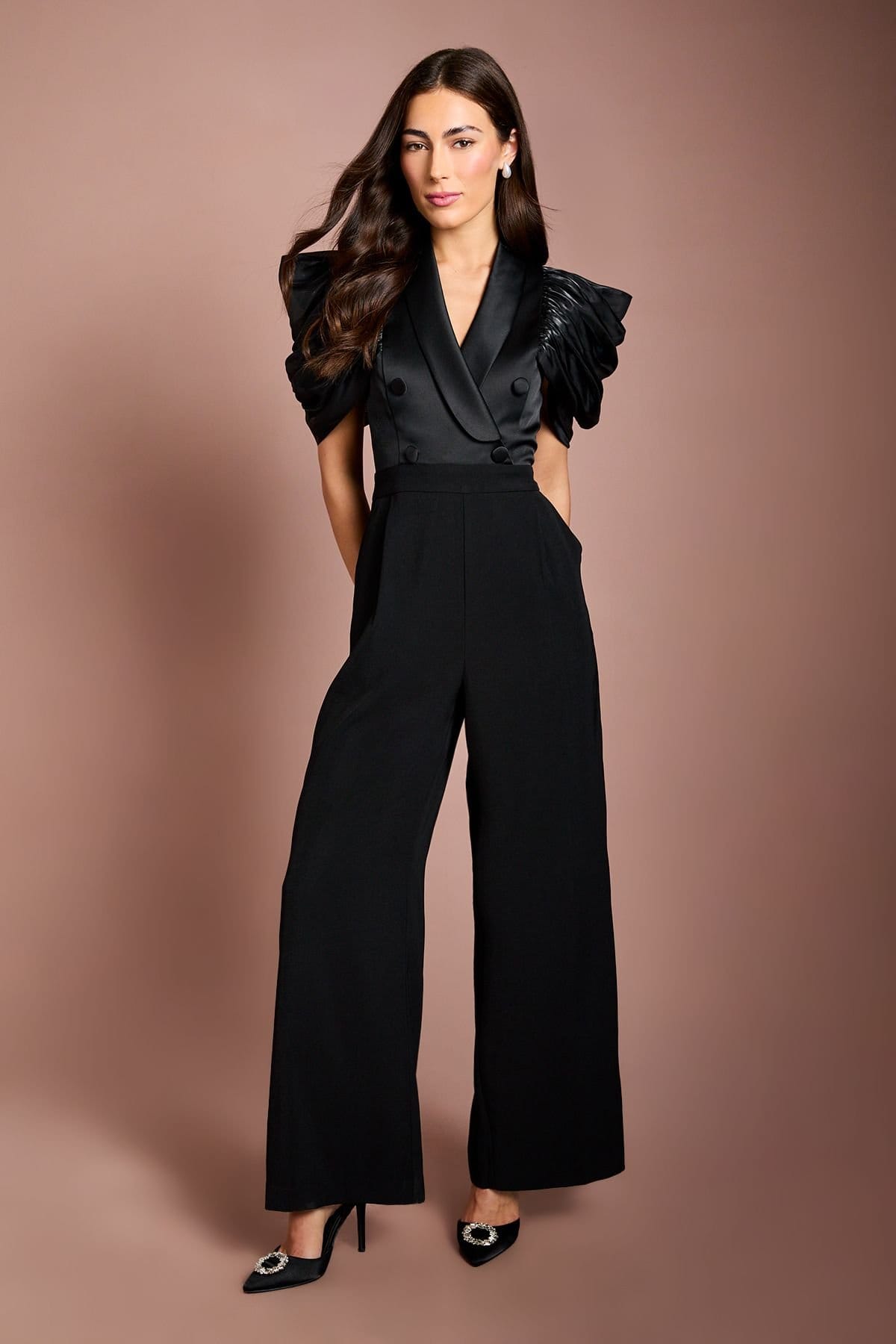 Coast Black Wrap Over Top Jumpsuit With Exaggerated Sleeves