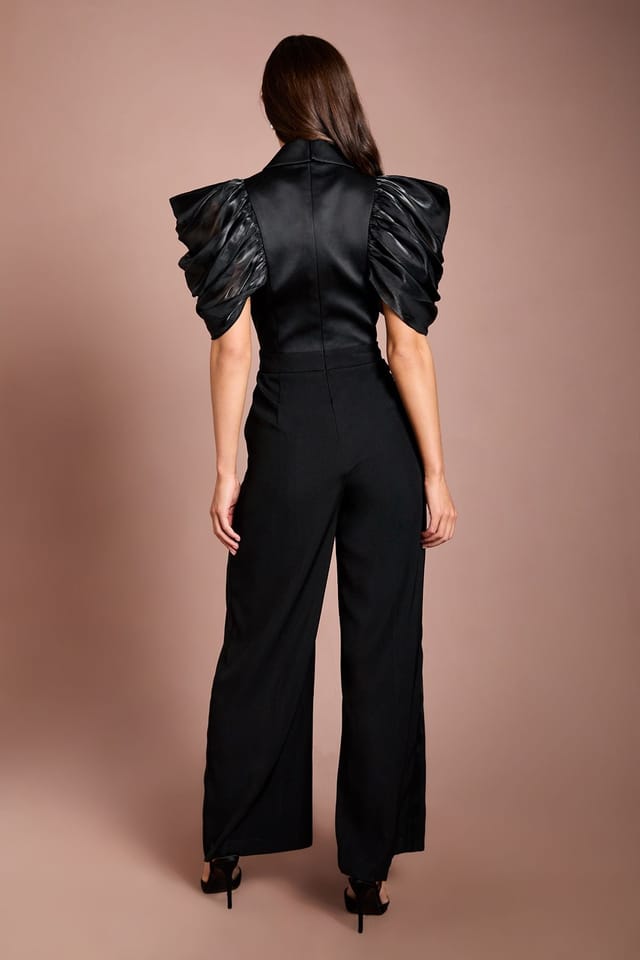 Coast Coast Women's Exaggerated Sleeve Wrap Over Top Jumpsuit in Black - 3