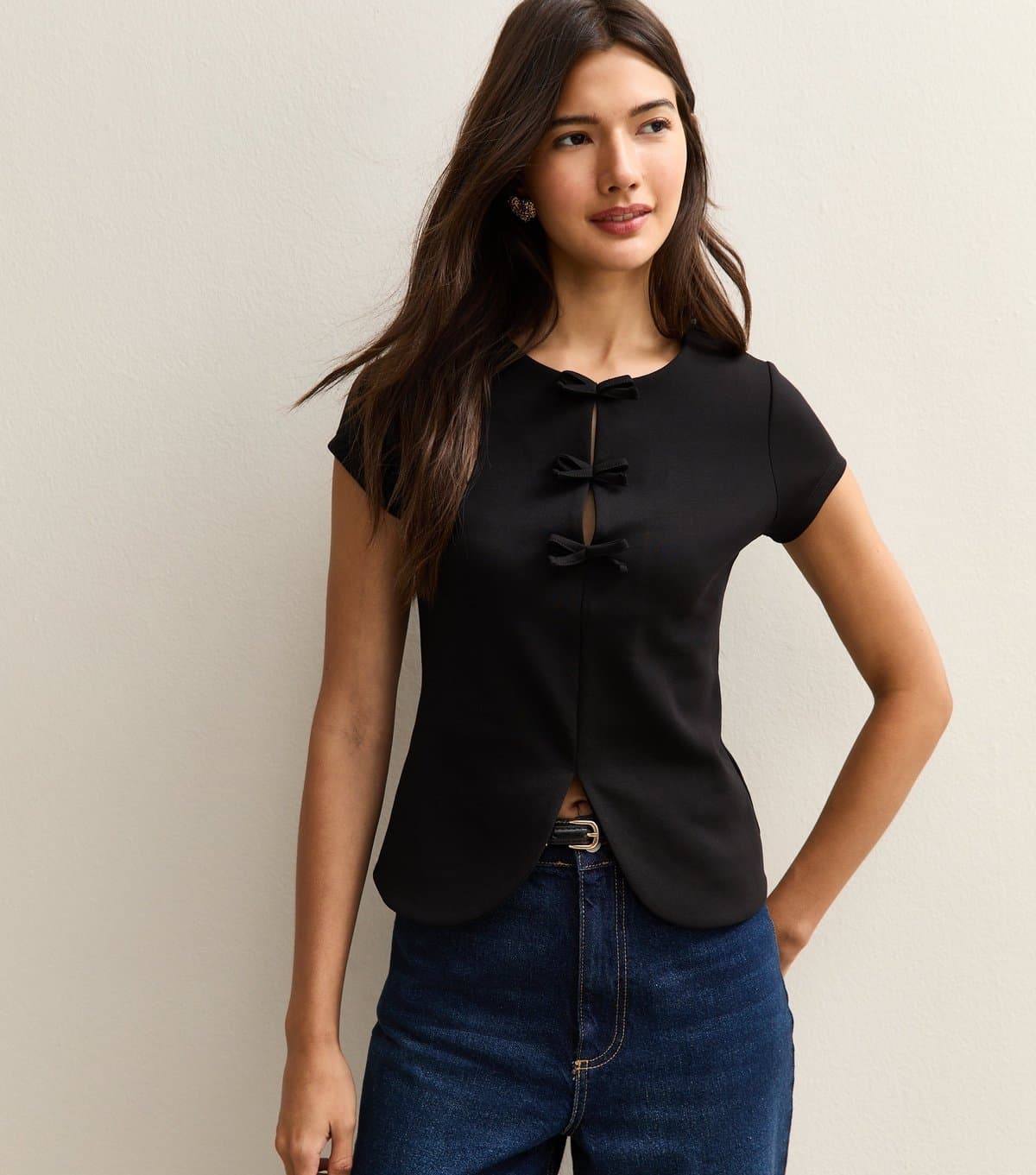 New Look Women's Black Bow Detail Short Sleeve Top New Look