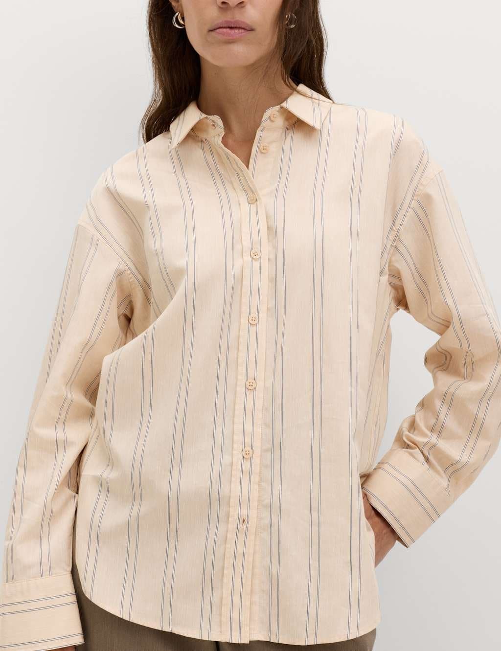 Marks & Spencer M&S Striped Collared Shirt With Linen Natural Mix