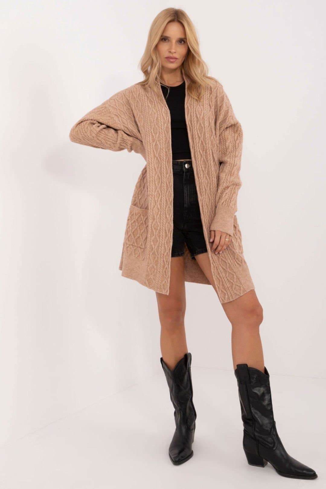 Love Lace Love Lace Women's Long Open Front Textured Cardigan With Pockets Style 199518 in Brown
