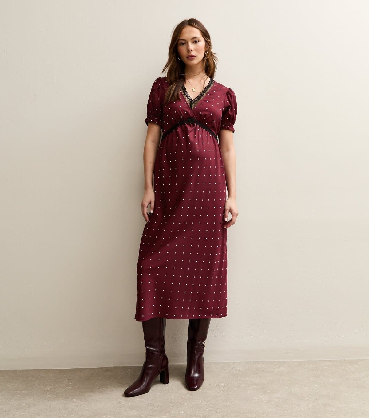 New Look Women's Maternity Red Polka Dot Lace Trim Midi Dress New Look