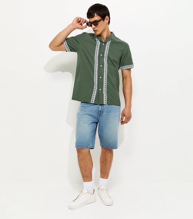 New Look Men's Green Regular Border Embroidered Shirt New Look - 3