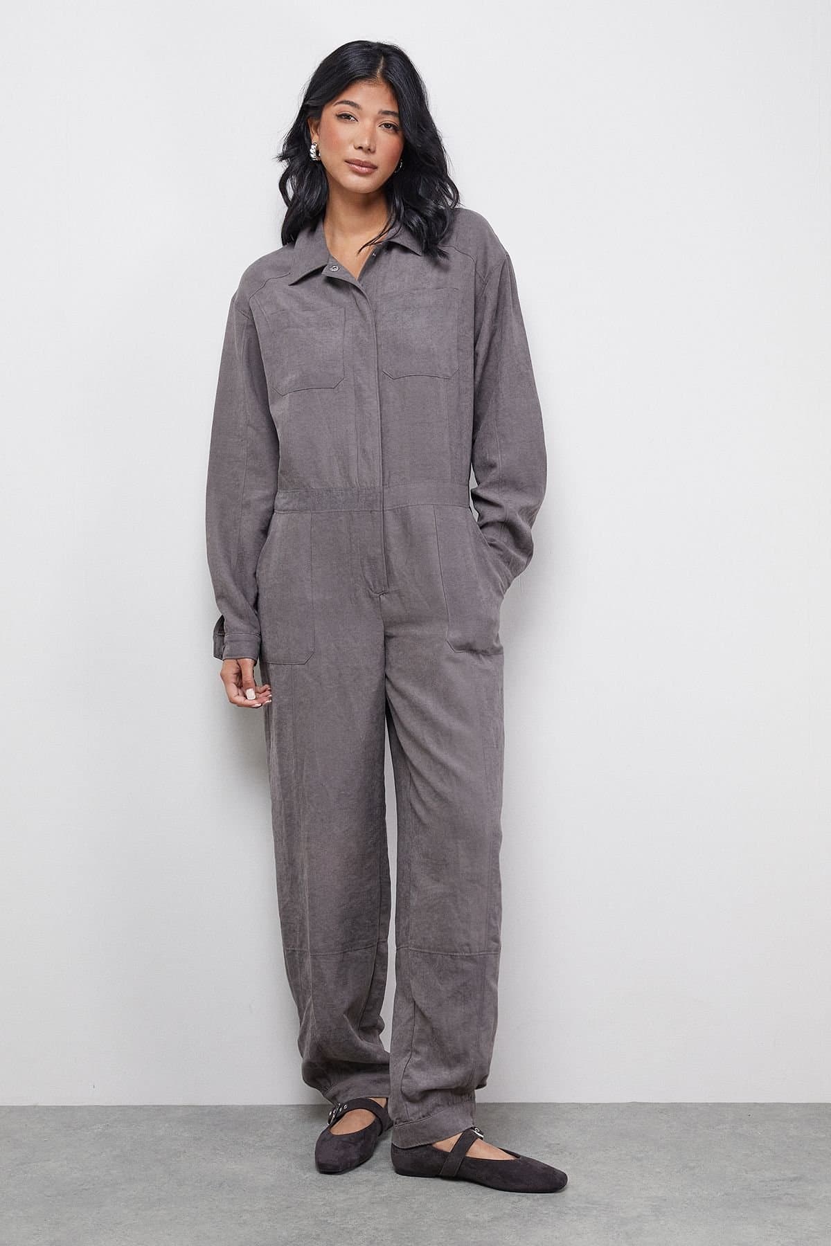 Warehouse Warehouse Women's Peach Satin Utility Boilersuit Jumpsuit in Charcoal
