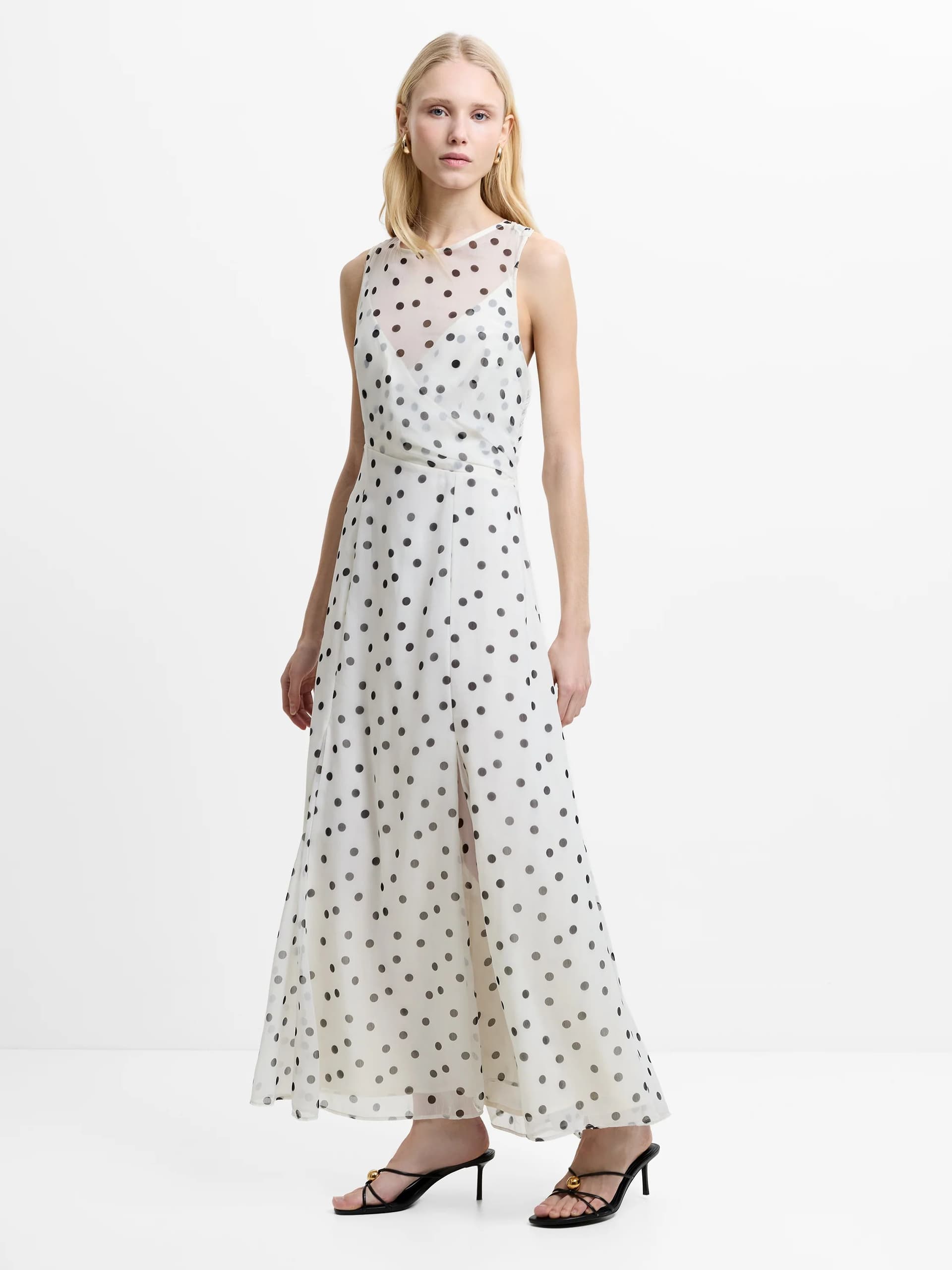 French Connection Emina Chiffon Monochrome Polka Dot Maxi Dress Porcelain Cream/Black