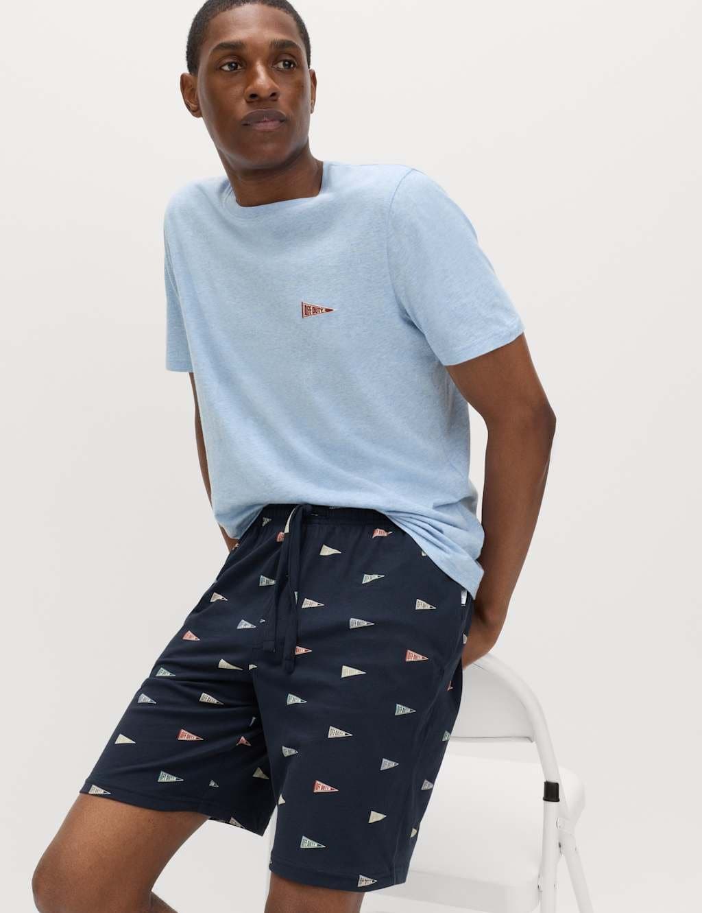 Marks & Spencer M&S Pure Cotton Off Duty Pyjama Set Blue Mix
