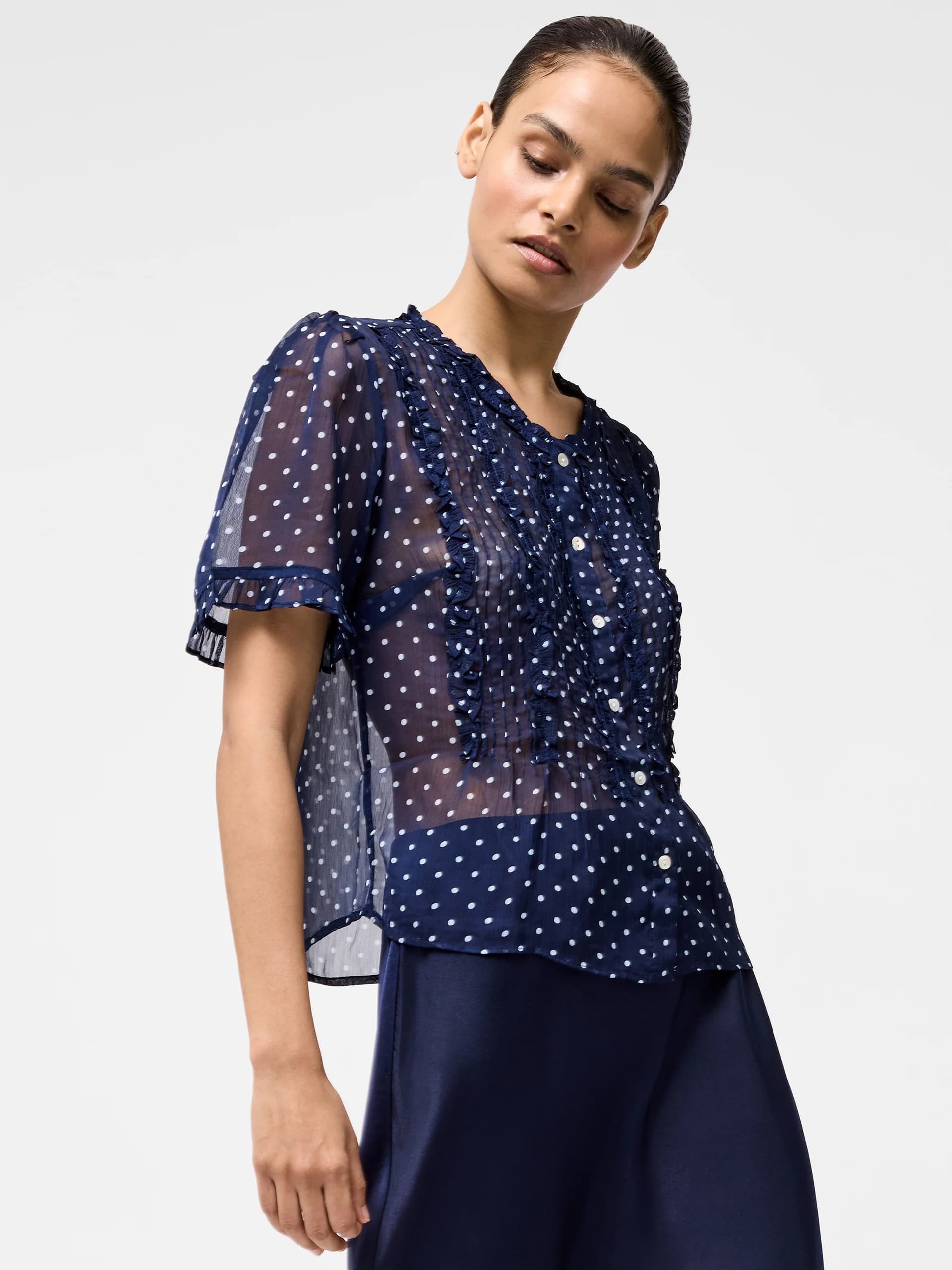 French Connection Polka Dot Short Sleeve Ruffle Blouse Midnight/white