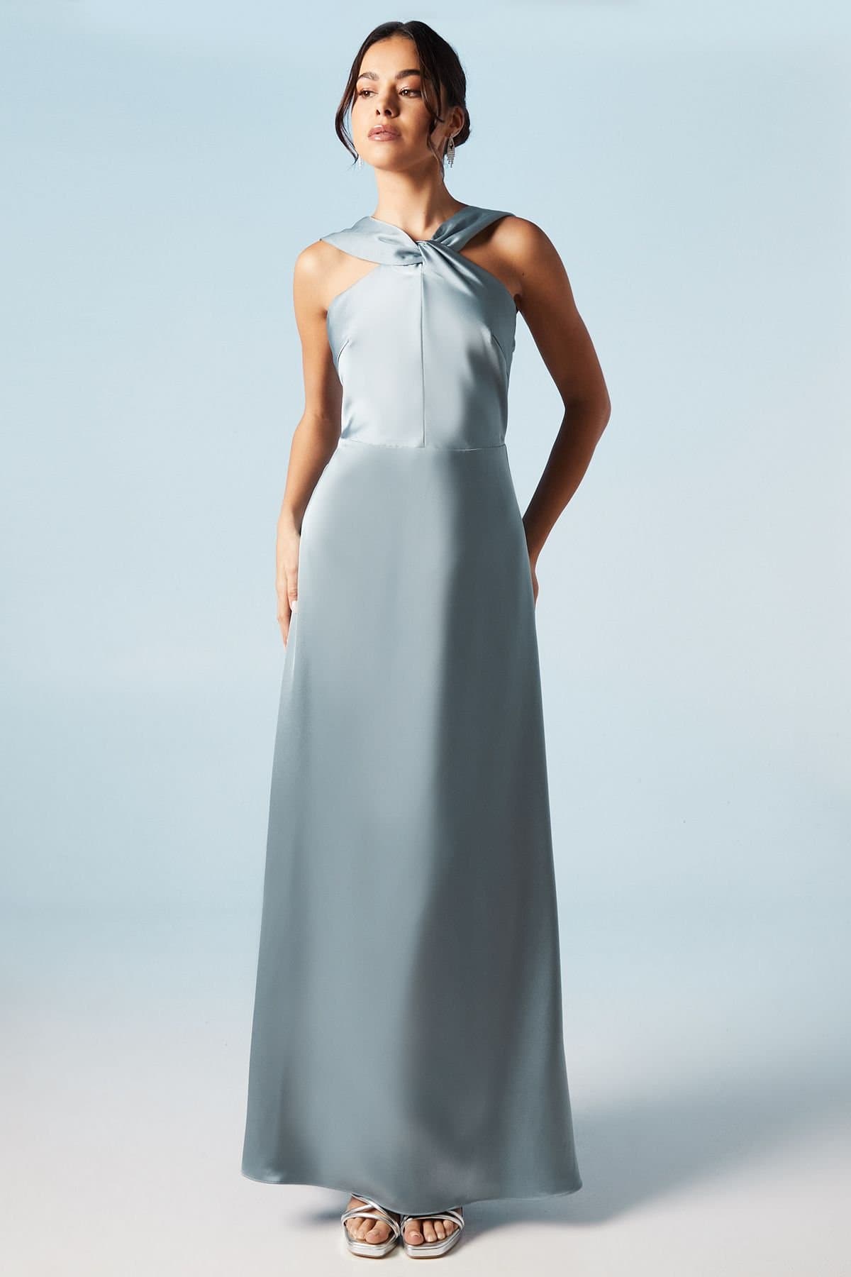 Coast Coast Women's Twisted Halterneck Satin Maxi Bridesmaid Dress in Dusty Blue