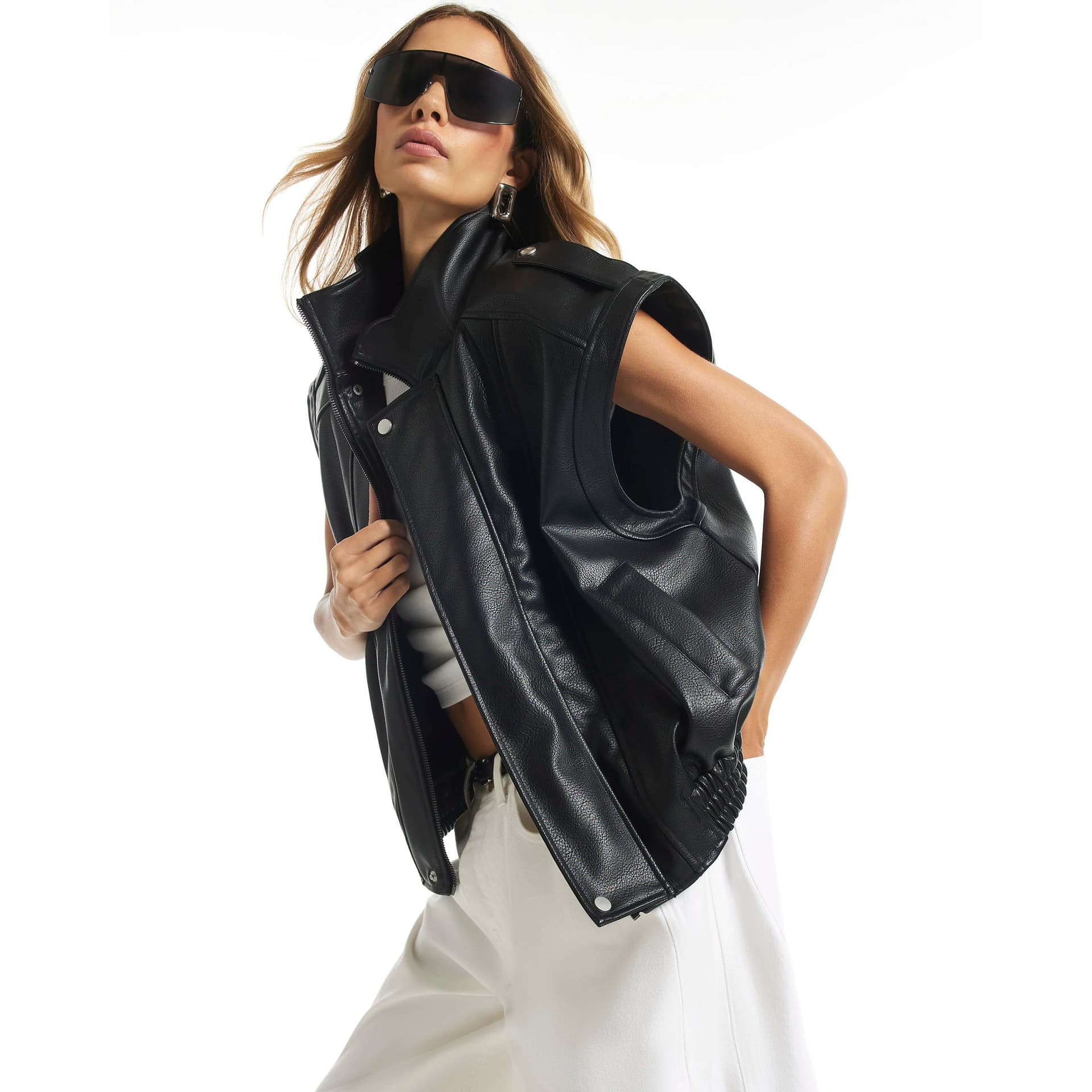 River Island River Island Womens Black Faux Leather Funnel Neck Biker Gilet