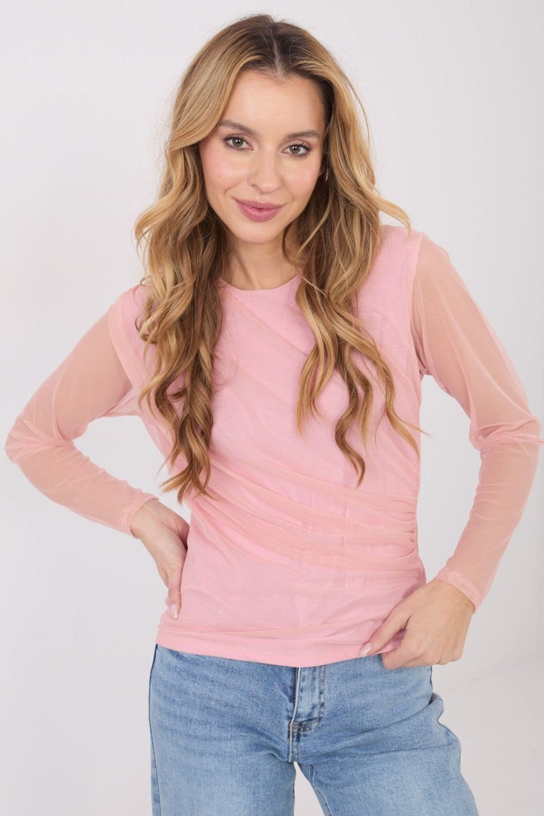 Love Lace Pink Mesh Fitted Blouse with Pleated Detail