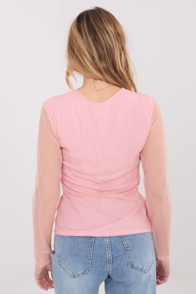 Love Lace Love Lace Women's Elegant Mesh Fitted Blouse with Pleated Detail in Pink - 3