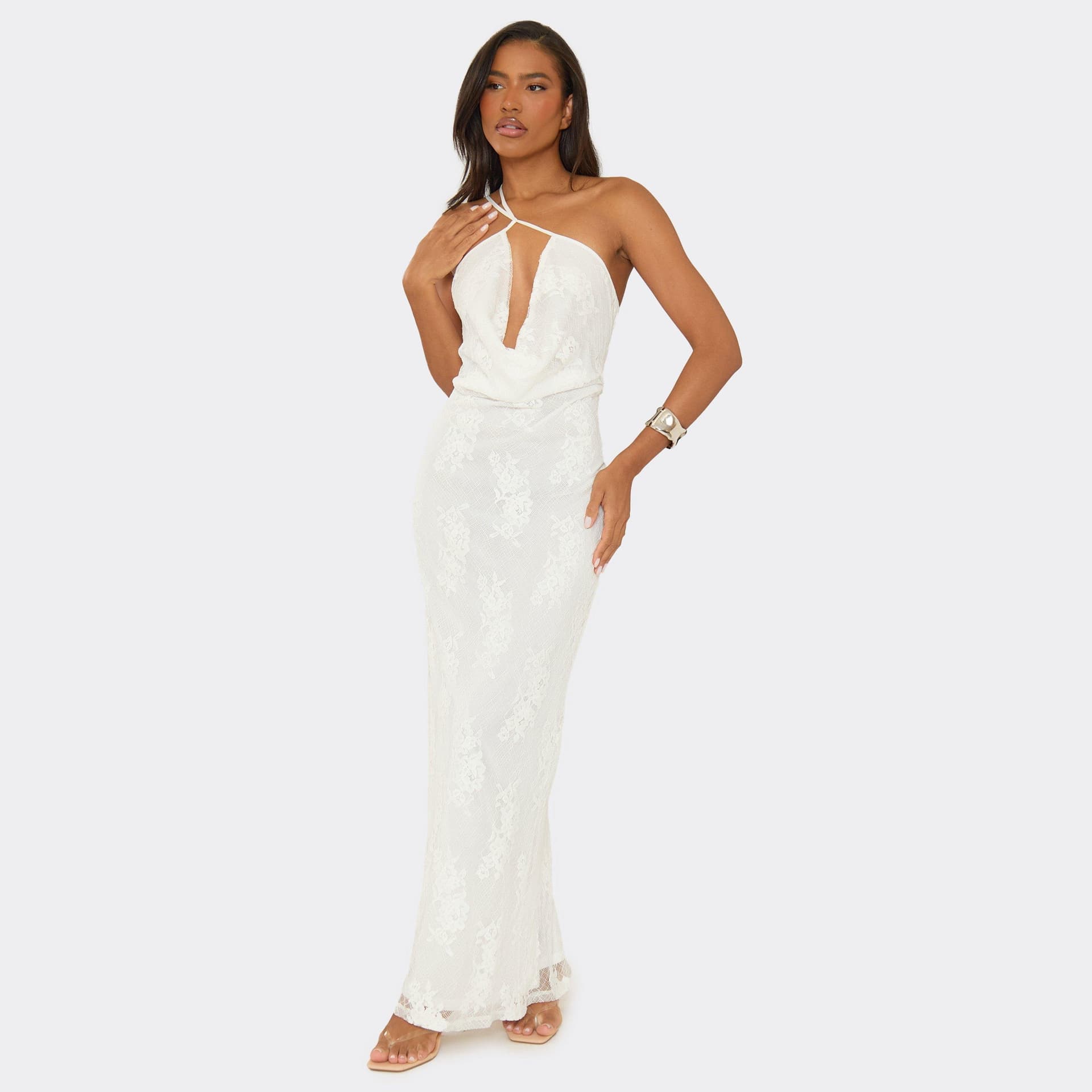 EGO One Shoulder Cowl Front Maxi Dress In White Lace, Women's Size UK 6