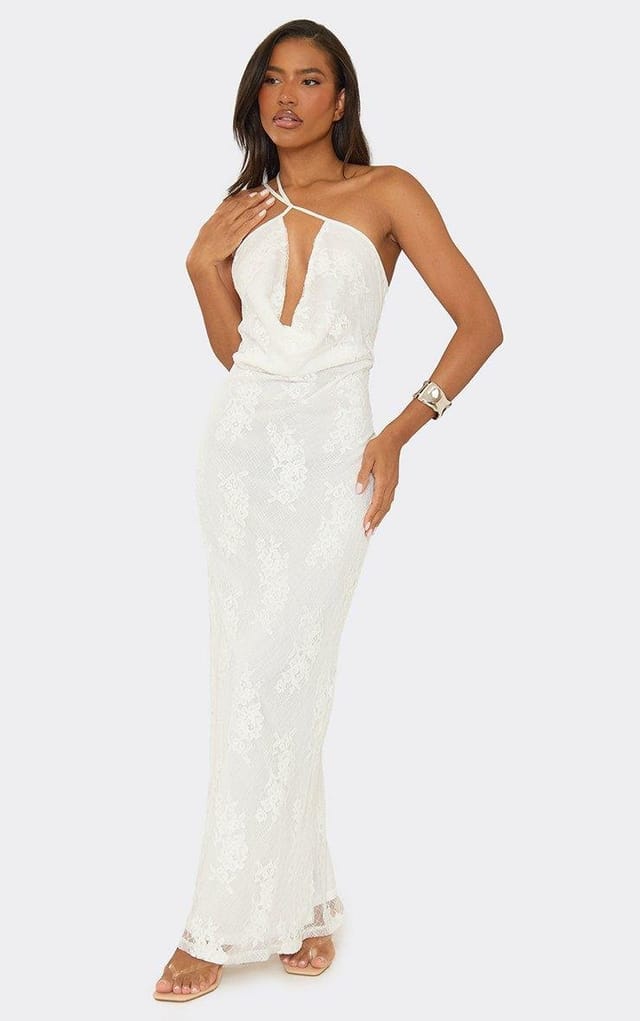 EGO One Shoulder Cowl Front Maxi Dress In White Lace, Women's Size UK 6 - 2