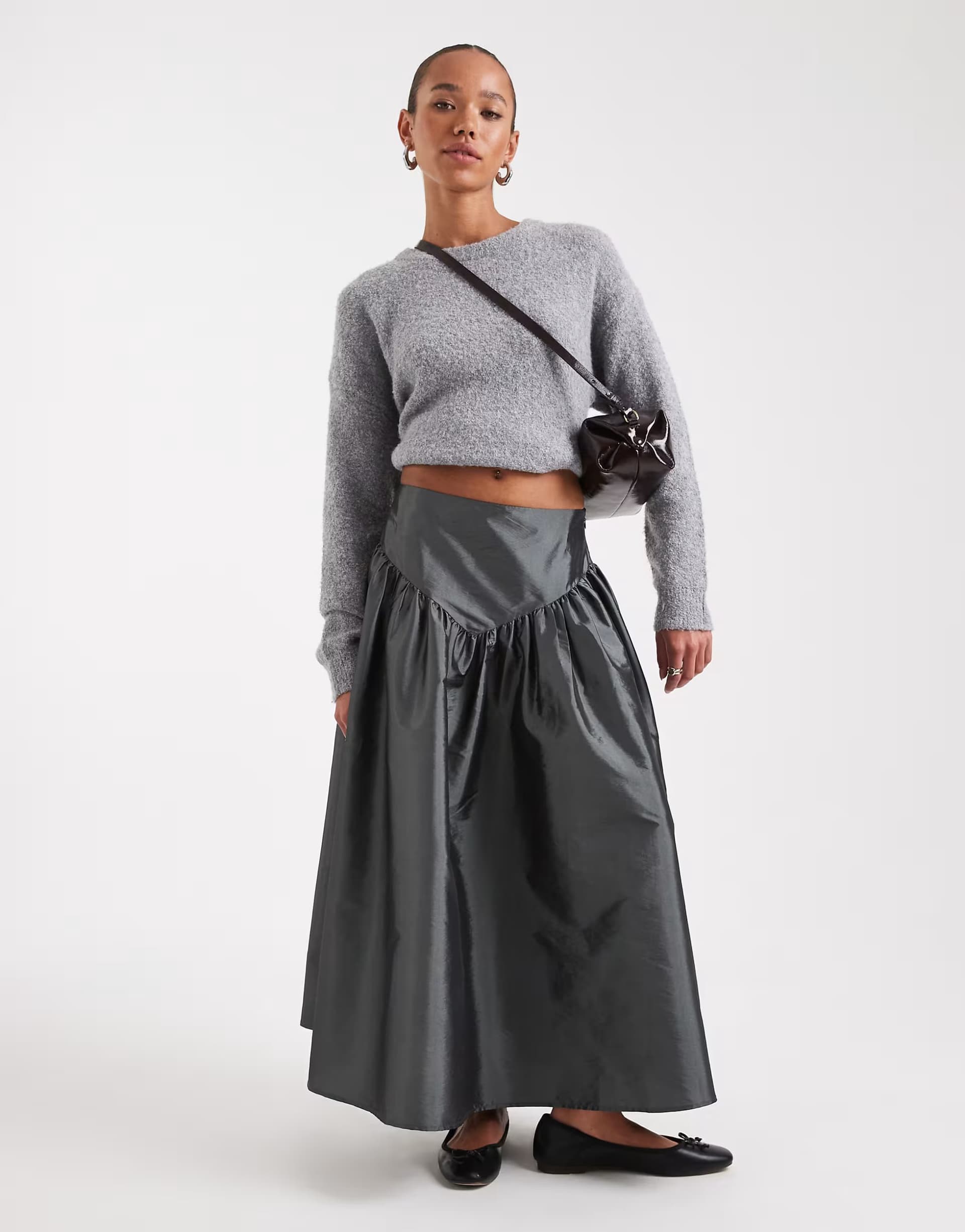 ASOS Daisy Street drop waist taffeta skirt in gunmetal grey