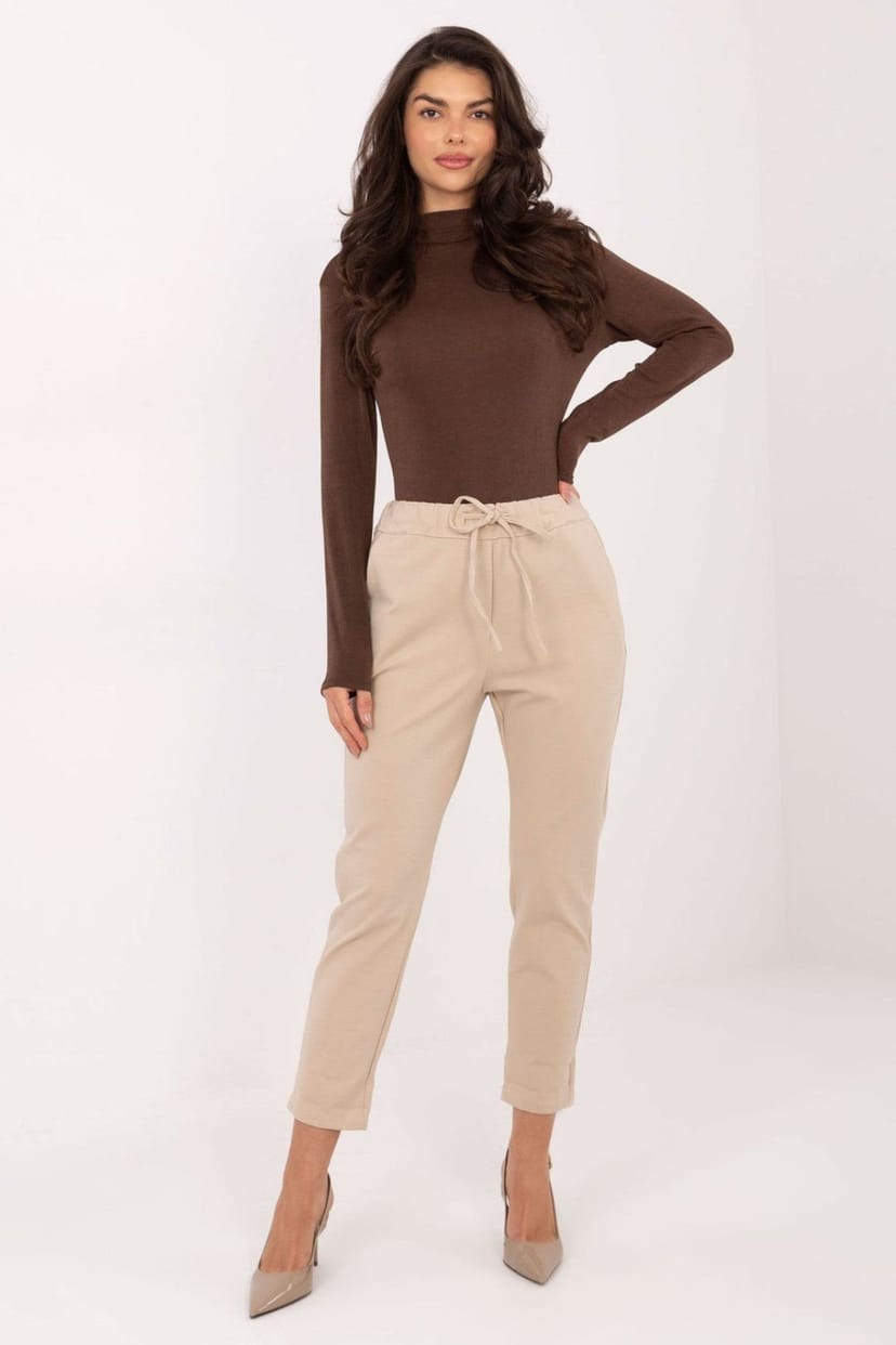Love Lace Love Lace Women's High Waist Tapered Tie Casual Trousers in Beige - 1