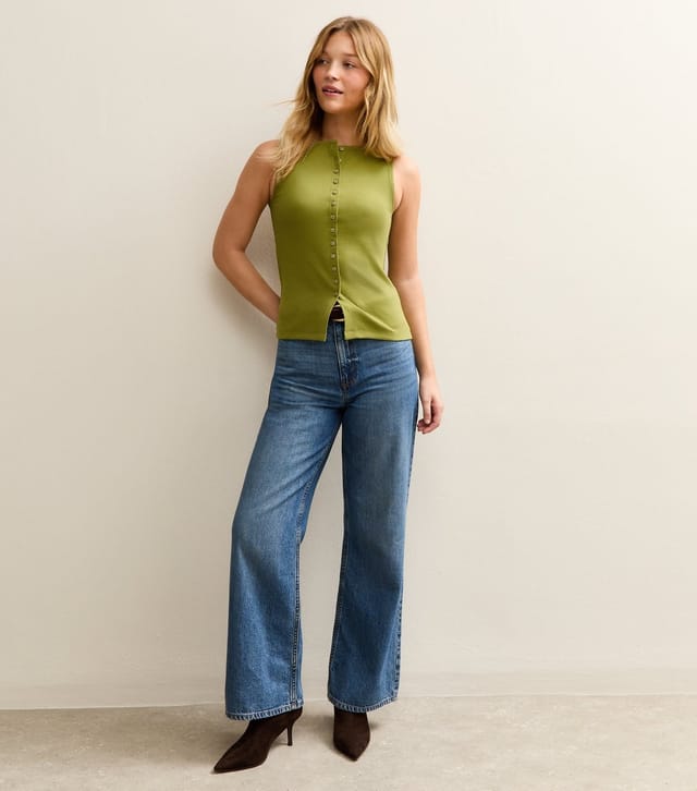 New Look Women's Mid Green Button Through Tank Top New Look - 2