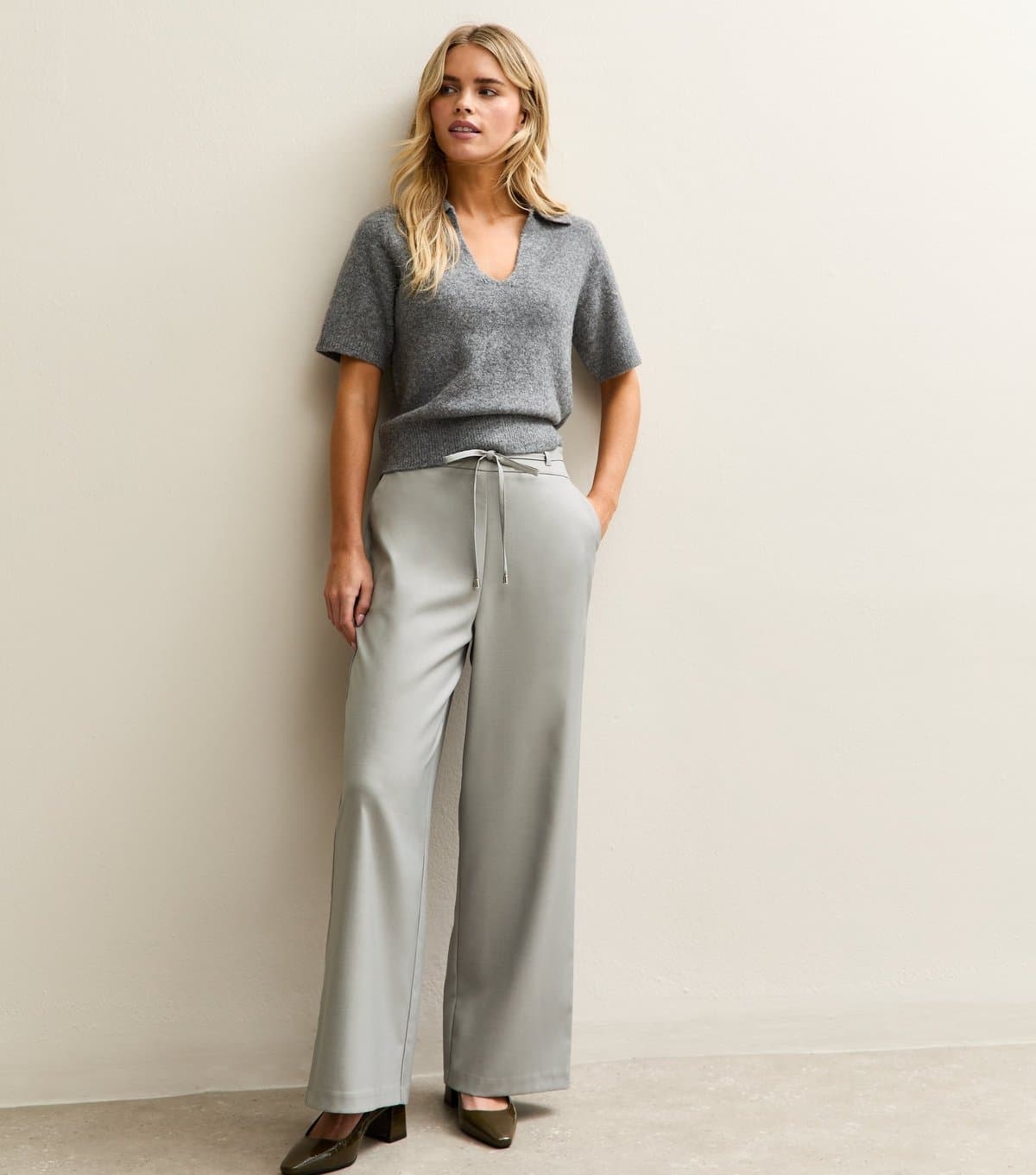 New Look Women's Petite Grey Tie Waist Wide Leg Trouser New Look