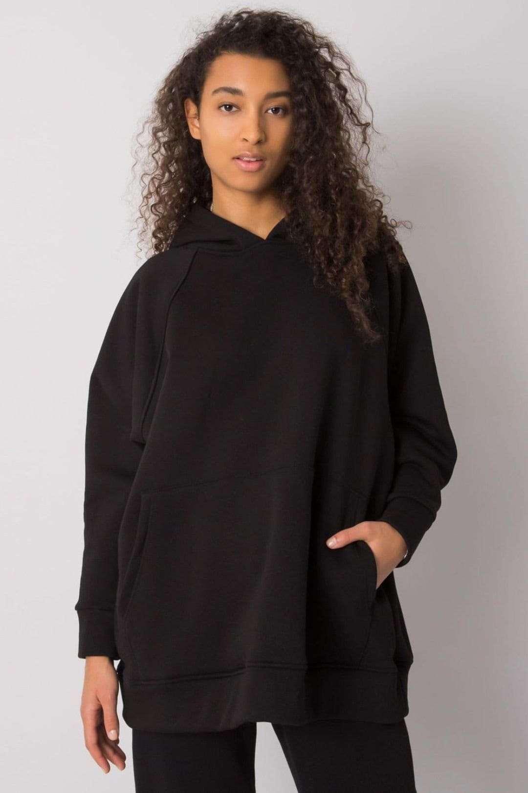 Love Lace Black Long Cut Hoodie Sweatshirt with Kangaroo Pocket