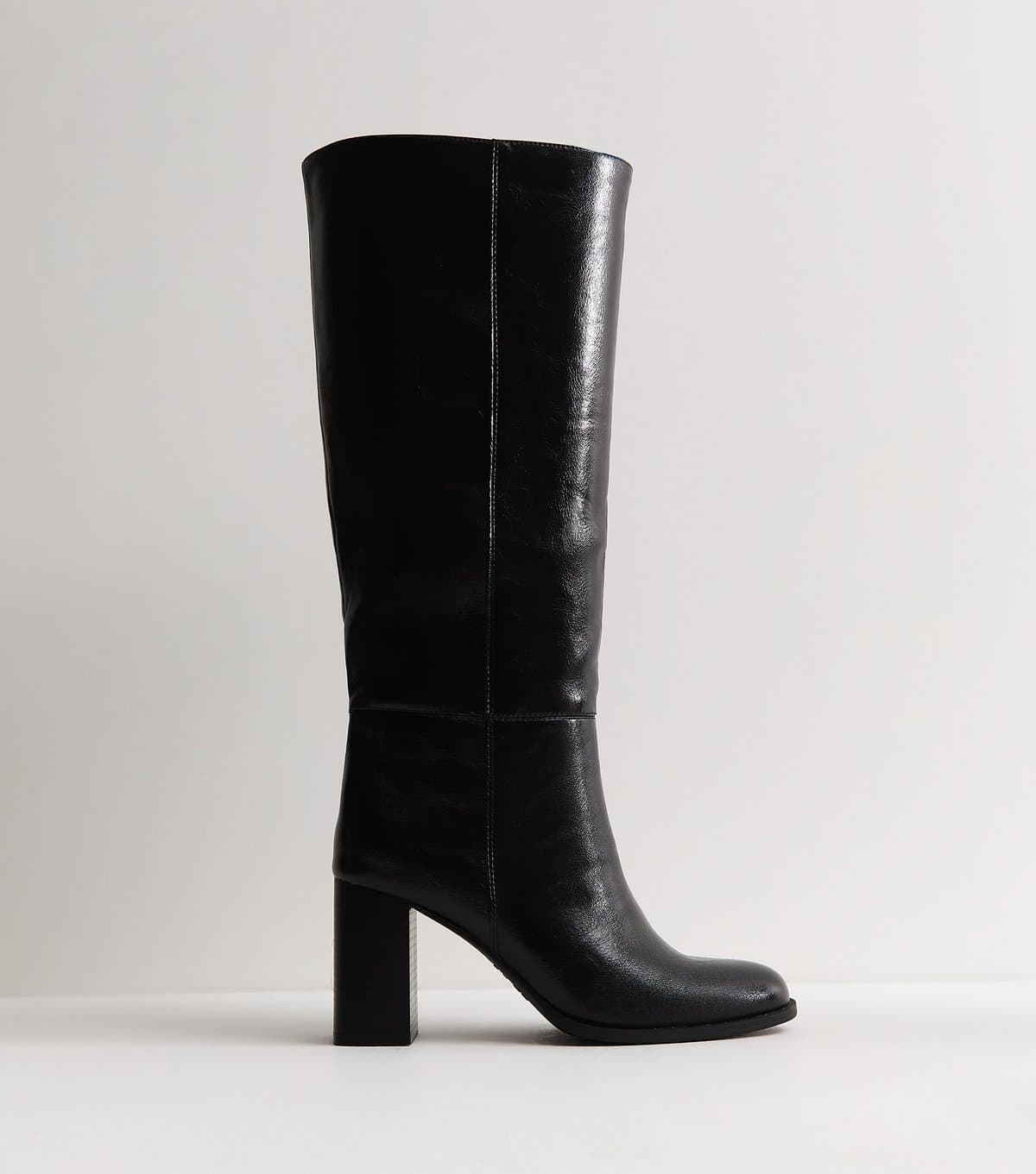 New Look Women's Black Faux Leather Pull On Stacked Heel Boots Vegan New Look