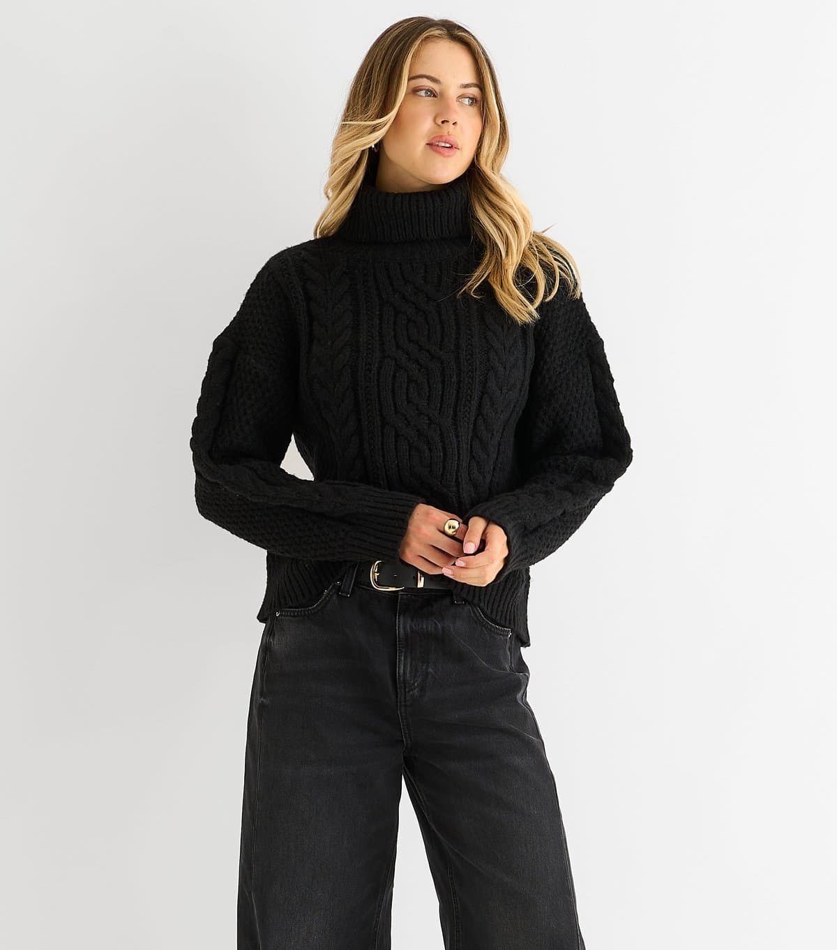 Gini London Gini London Black Cable Knit High Neck Jumper