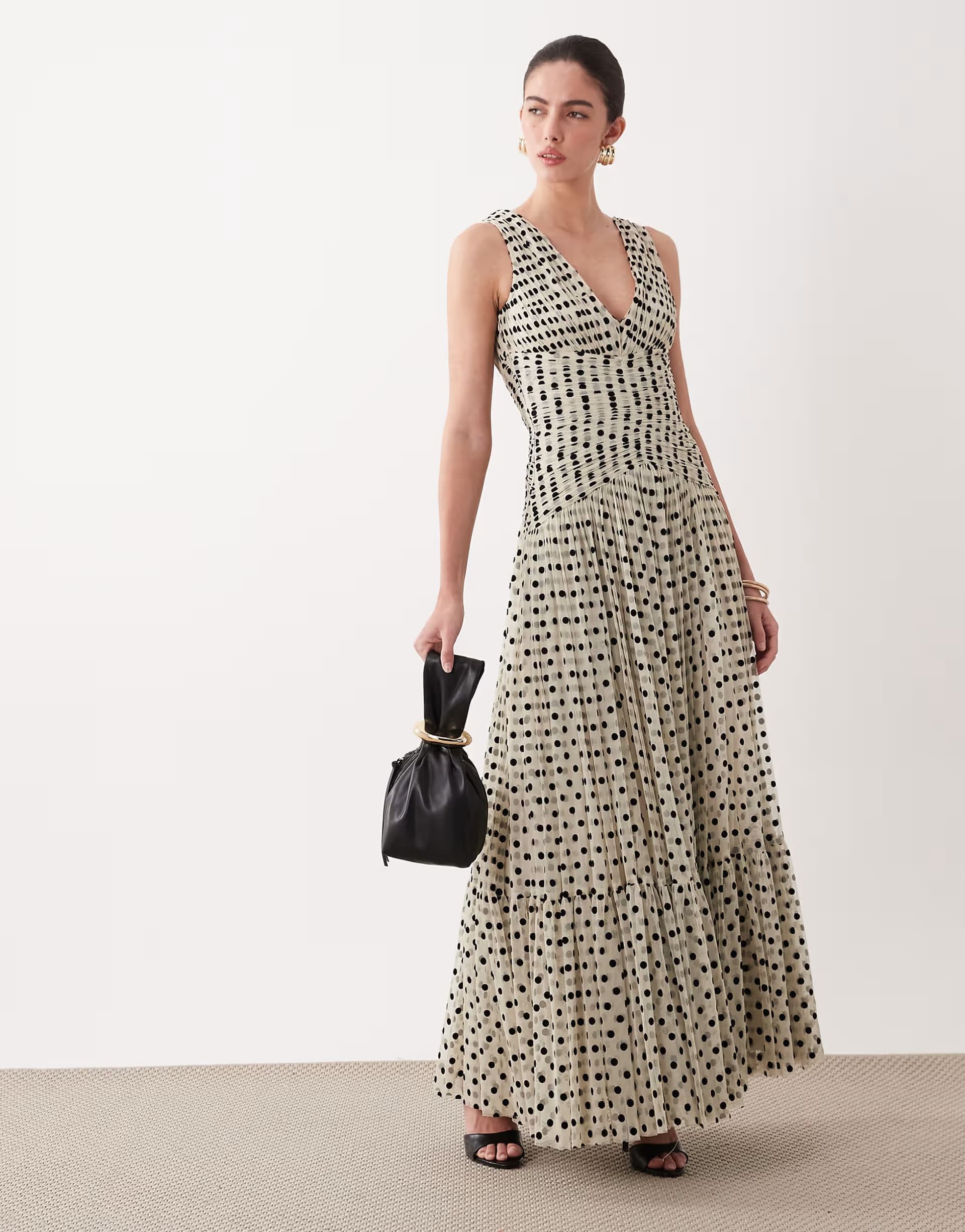 ASOS Lace & Beads v neck ruched waist maxi dress in cream spot 