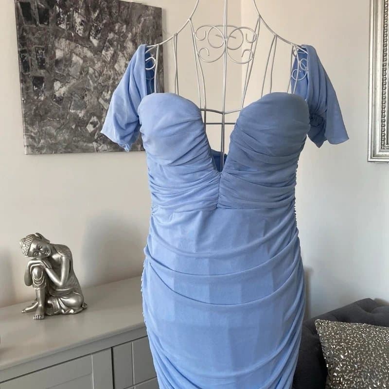ASOS Design Pale Blue Mesh Low Plunge Bandeau Short Sleeve Ruched Allover Midi Dress 12 Tall RRP £45
