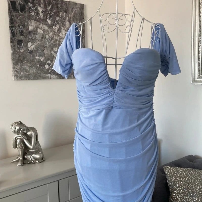 ASOS Design Pale Blue Mesh Low Plunge Bandeau Short Sleeve Ruched Allover Midi Dress 12 Tall RRP £45 - 1