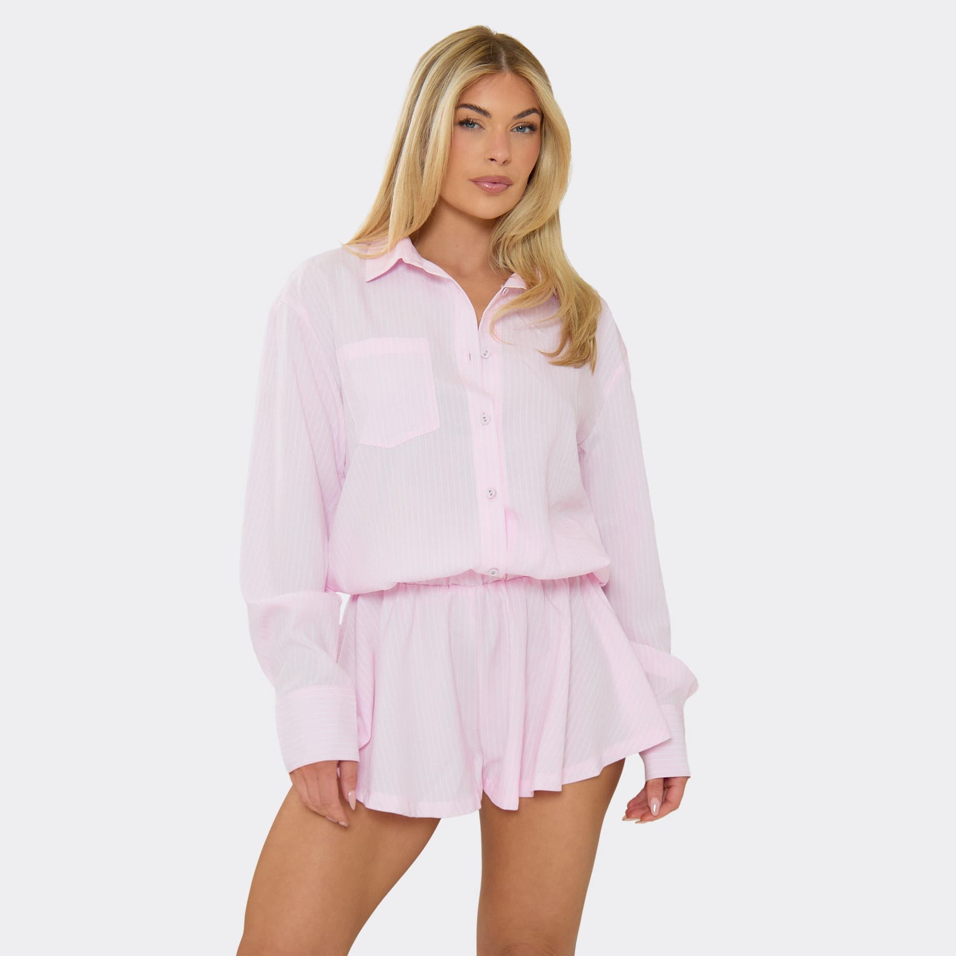 EGO Long Sleeve Blouson Playsuit In Pink Pinstripe, Women's Size UK 6