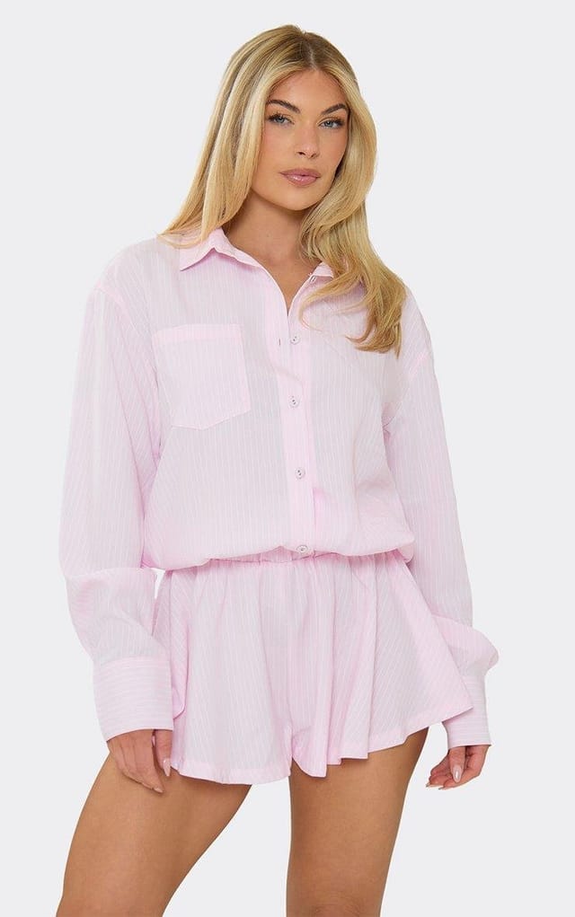 EGO Long Sleeve Blouson Playsuit In Pink Pinstripe, Women's Size UK 6 - 2