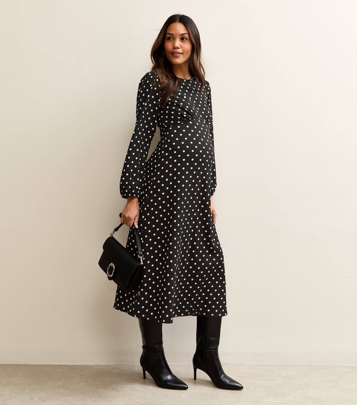 New Look Women's Maternity Black Polka Dot Long Sleeve Midi Dress New Look