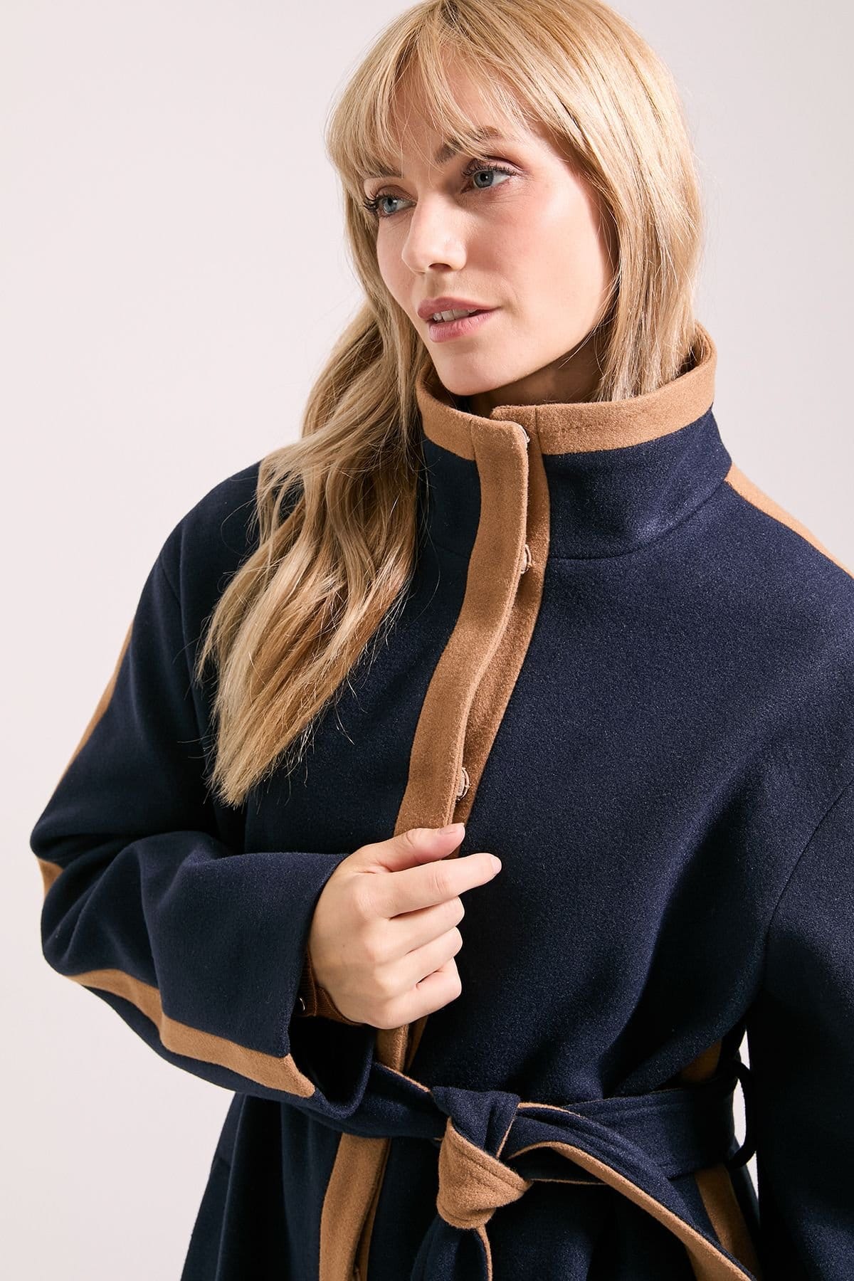 Wallis Wallis Women's Principles by Contrast Piping Funnel Coat in Navy - 4