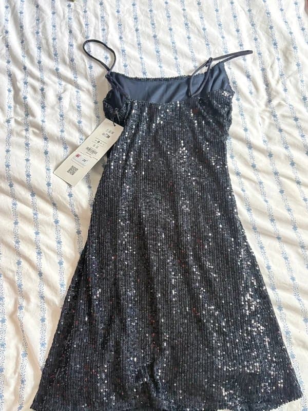 Bershka Bershka black/ navy  sequin cami mini dress