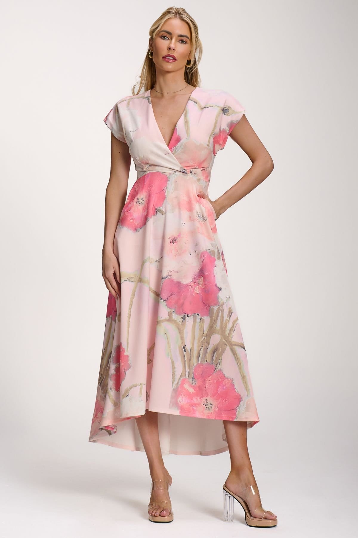 Jolie Moi Jolie Moi Women's Printed Scuba Dipped Hem Midi Dress in Pale Pink - 4