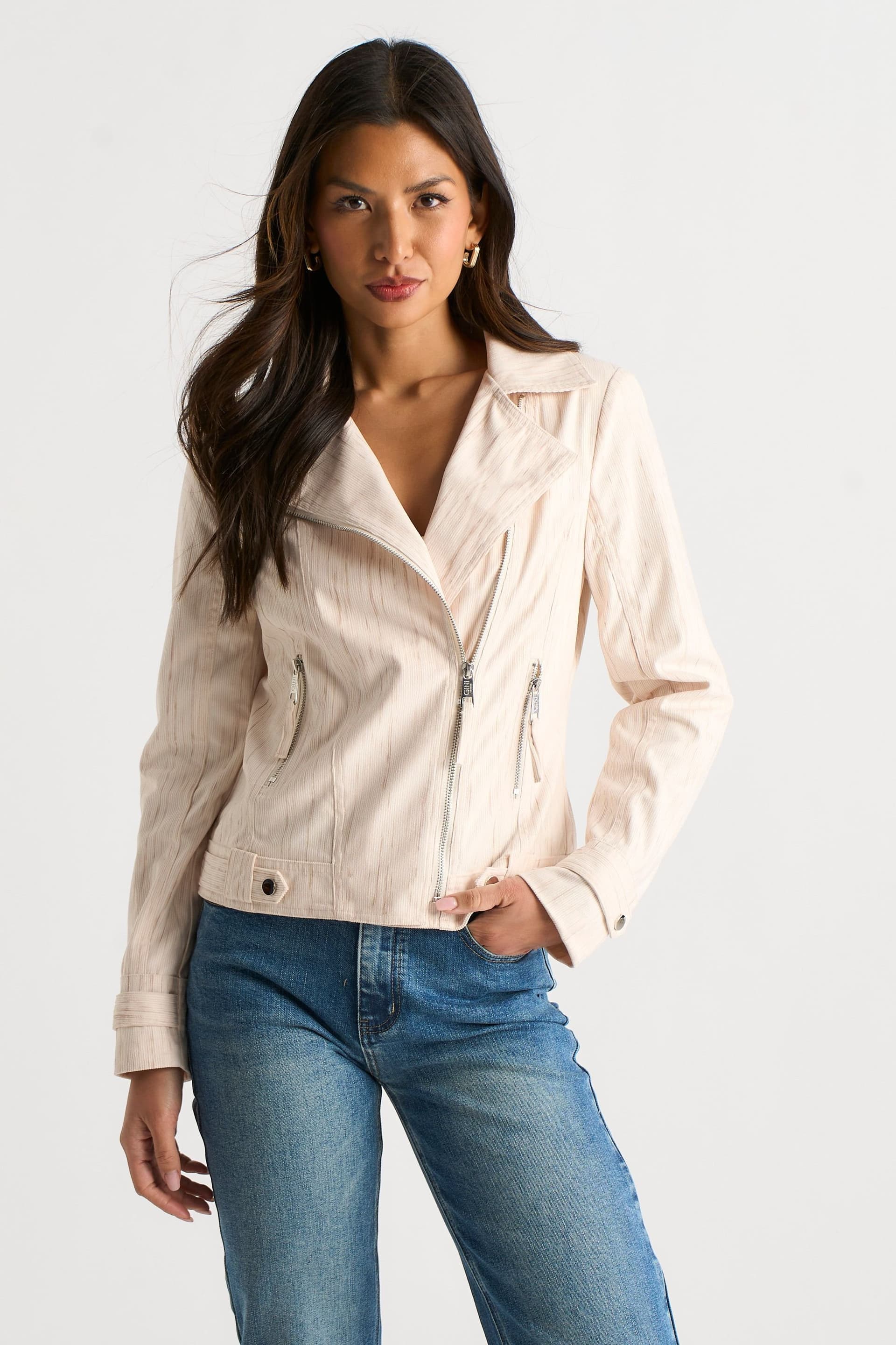 Gini London Gini London Women's Beige Corduroy Biker Zip Up Jacket