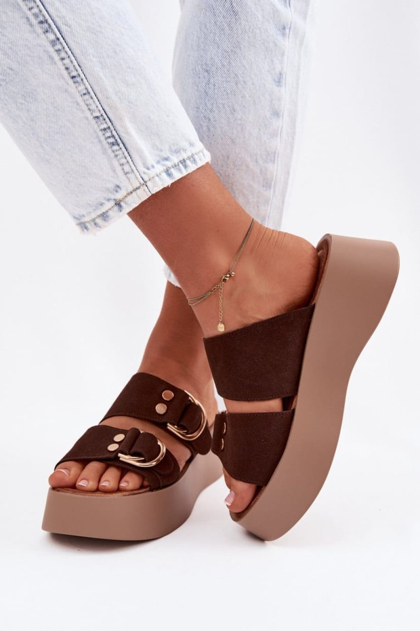 Love Lace Love Lace Women's Platform Suede Sandals with Buckled Straps & Soft Insole in Brown - 1