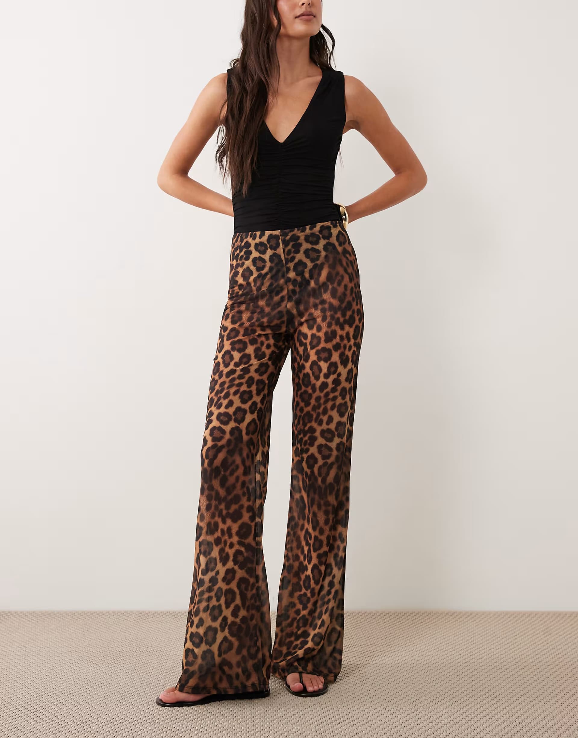 ASOS ASOS DESIGN flared sheer mesh trousers in leopard print