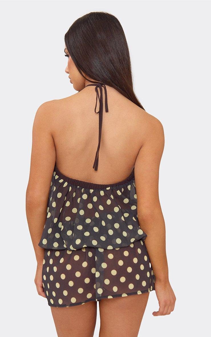 EGO Halterneck Blouson Frilled Mini Dress In Chocolate Brown Polka Dot, Women's Size UK 6 - 2